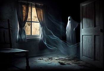 A mysterious ghost in an old abandoned house. Halloween fear concept. AI generated - obrazy, fototapety, plakaty