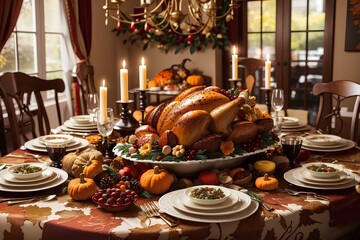 Thanksgiving day dinning table - obrazy, fototapety, plakaty