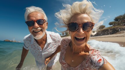 Happy senior couple running along ocean sea coast on summer day