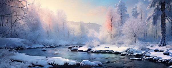 Beautiful winter scenery and ice in color sunset lights. wide banner