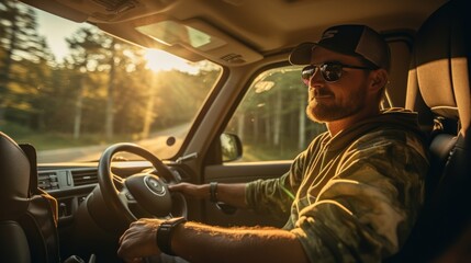 A Man driving on the road in a camper van, RV, caravan, or vacation vehicle. family vacation travel Vacation Trips in an RV - obrazy, fototapety, plakaty