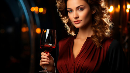 young attractive woman with red wine in hand