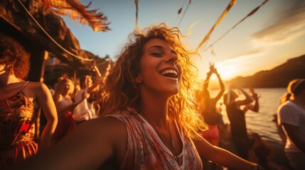 Group of multiracial friends having fun dancing at sunset beach party Happy young people enjoying the music festival - Powered by Adobe
