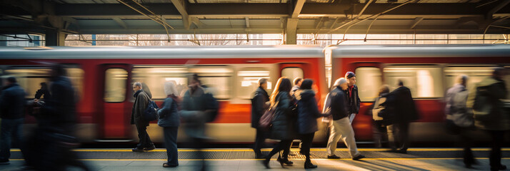 Commuter train, packed with people, pulling into a busy urban station, blurred motion of passengers on the platform, dynamic angle