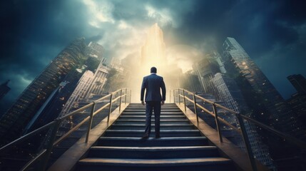 Fototapeta premium business male stand and feel happy on the most hight at the target, success, leader, teamwork, target, Aim, confident, achievement, goal, on plan, finish, generate by AI