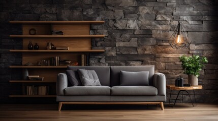 Room with gray stone wall decoration background and wooden decorations Brown parquet floor with sofa and bookshelf.