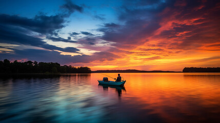 Vibrant lakeside sunset, silhouette of a lone fisherman on a boat, colors reflecting on the water,...