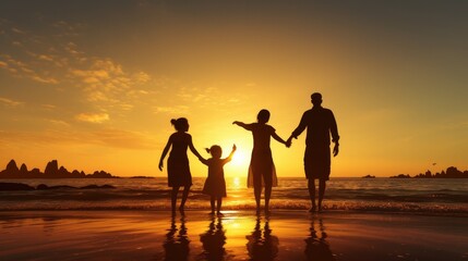Silhouetted Happy Asian Family Playing And Having Fun On The Beach At Sunset. Recreation, relax, holiday, vacant time.