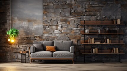 Room with gray stone wall decoration background and wooden decorations Brown parquet floor with sofa and bookshelf.