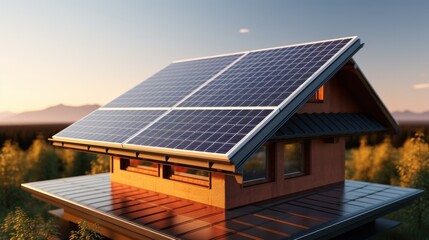 Naklejka premium Solar panel on factory or house roof top. Photovoltaic power supply systems. Solar power plant. The source of ecological renewable energy, environment, power, technology