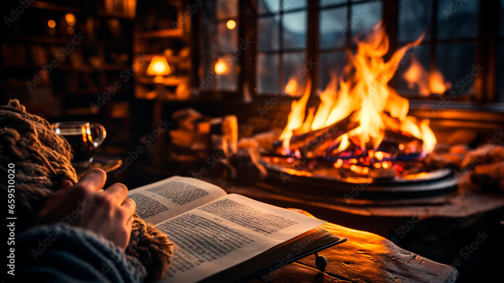 Poster a book with a burning candle and a fireplace. a book in the background.