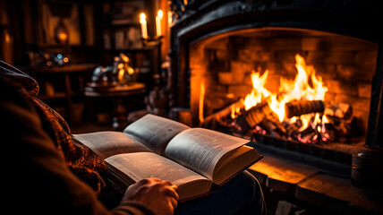 a book with a burning candle and a fireplace. a book in the background.