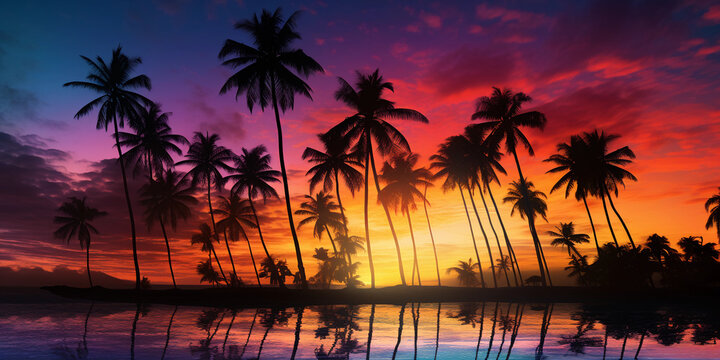 Silhouettes of palm trees, glowing sunset behind, richly saturated colors, ocean backdrop, double exposure effect, dramatic sky