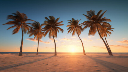 Fototapeta na wymiar golden hour, a cluster of five palm trees swaying slightly in the breeze, long shadows stretching across white sand, warm tones, sky with minimal clouds