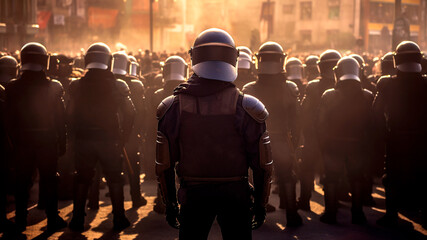 Back turned view of a team riot police during street protests. Generative AI - obrazy, fototapety, plakaty