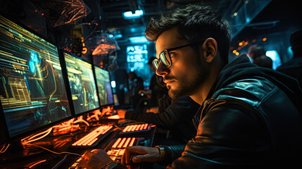 A serious-looking computer scientist, surrounded by multiple computer monitors - obrazy, fototapety, plakaty