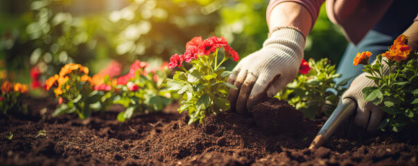 Gardener planting flowers in the beautiful garden, Detail on hands. wide banner. - obrazy, fototapety, plakaty