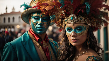 Bellissima coppia con maschere e costumi a una festa del carnevale di Venezia - obrazy, fototapety, plakaty