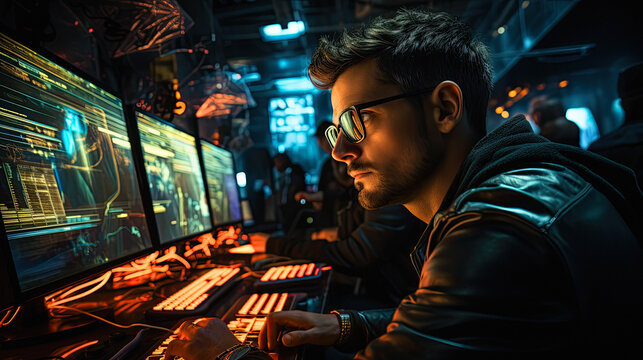 A serious-looking computer scientist, surrounded by multiple computer monitors