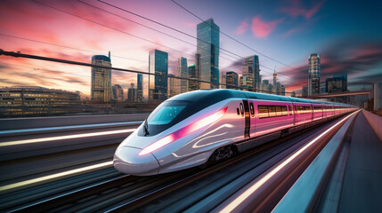 Fototapeta na wymiar Modern bullet train, sleek and silver, speeding through a futuristic cityscape, neon billboards, twilight sky, motion blur to convey speed