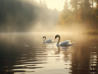 Misty morning at a forested lake, swans gliding, fog enveloping trees, mystical atmosphere
