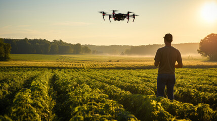 Farmer inspecting crops with drone - obrazy, fototapety, plakaty
