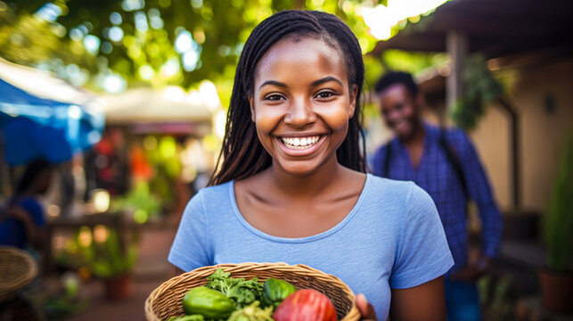 Portrait Of A Smiling Black Young Woman Holding A Basket Of Fresh Products At A Local Farmers Market