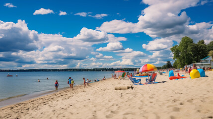 Lakeside beach in summer, children building sandcastles, colorful beach umbrellas, blue sky, fluffy clouds