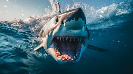 Powerful great white shark cuts through the water, shark attacks. Generative AI