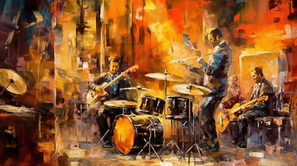 Oil Painting Abstract Art of Musicians in a Bar Drums Bass Dancers Background