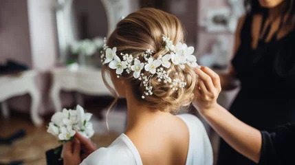 Fototapeten Young bride getting her hair done before wedding by professional hair stylist with elegant white flowers decorated on her hair, with copy space. © Jasper W