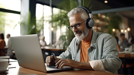 Senior Man Enjoying Cafe Work on Laptop