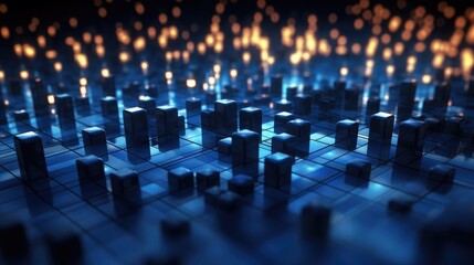 Fototapeta premium Abstract tech background with interconnected cyber cells, quantum computing network system and electronic global data connection