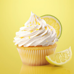 Cupcake with lemon and lime isolated on yellow background. Ai generative.