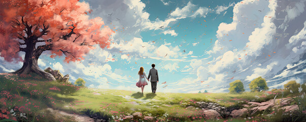 Nice day with my wife. couple happy concept. illustrative picture. wide banner - obrazy, fototapety, plakaty