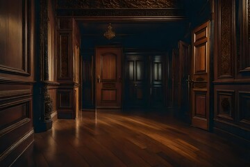 Fototapeta na wymiar Hallway wooden floor door vintage manor evening - AI Generative