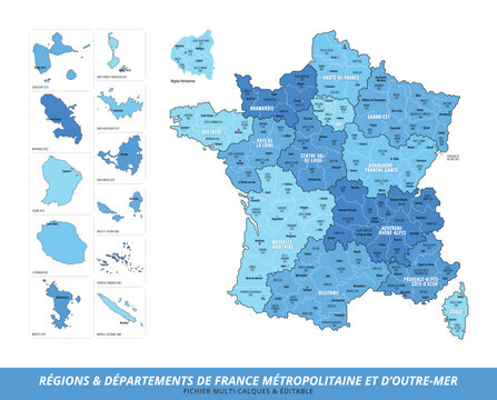 Carte des D&eacute;partements et des R&eacute;gions de France M&eacute;tropolitaine et d'Outre-Mer