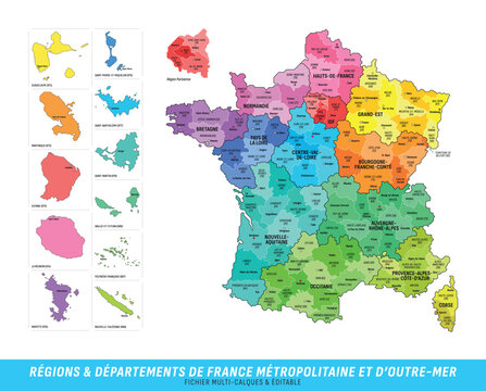 Carte des D&eacute;partements et des R&eacute;gions de France M&eacute;tropolitaine et d'Outre-Mer