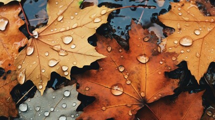 Close up of fallen leaves on ground in autumn covered in raindrops.