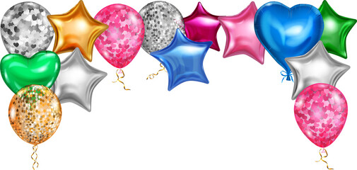 Festive ilustration with flying colored helium balloons in various shapes and colors