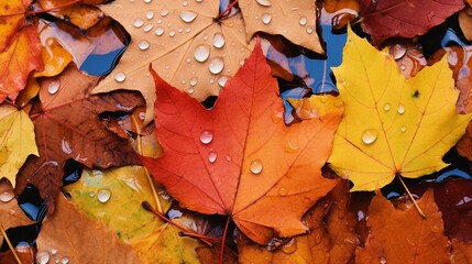 Close up of fallen leaves on ground in autumn covered in raindrops.