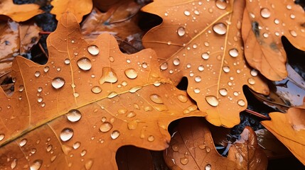 Close up of fallen leaves on ground in autumn covered in raindrops.