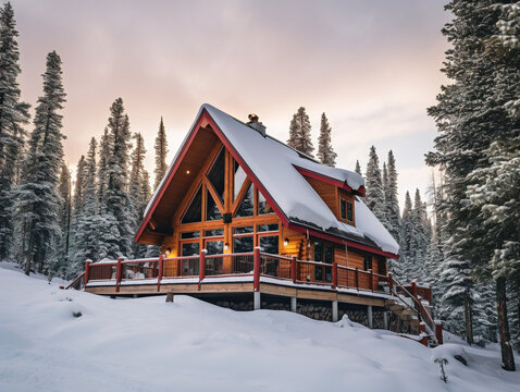 A picture of a rustic cabin surrounded by snow-covered mountains, creating a peaceful and serene atmosphere.