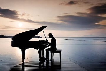 silhouette of a person playing a piano