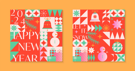 Christmas and Happy New Year greeting card templates.Festive vector backgrounds in flat modern style with traditional winter holiday symbols.Xmas pattern designs for branding,invitations,prints,smm