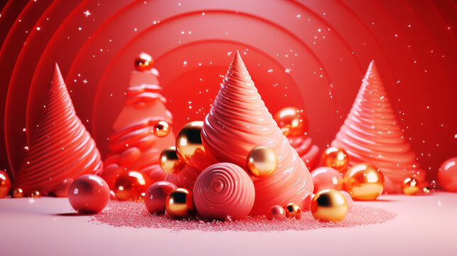 3d render of Christmas abstract background with red and gold christmas balls, baubles and Christmas trees. AI generative.