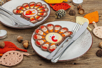 Autumn table setting. Thanksgiving cutlery, traditional fall decor, flat lay. Festive cozy mood