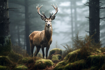 Deer in a foggy tir forest, mystic background
