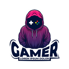 Gamer mascot icon, gamer face with hoodie illustration of professional gamer athlete, game console icon