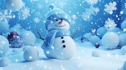 Snowman and snowflakes on blue background. 3d illustration. Christmas decoration. AI generative.